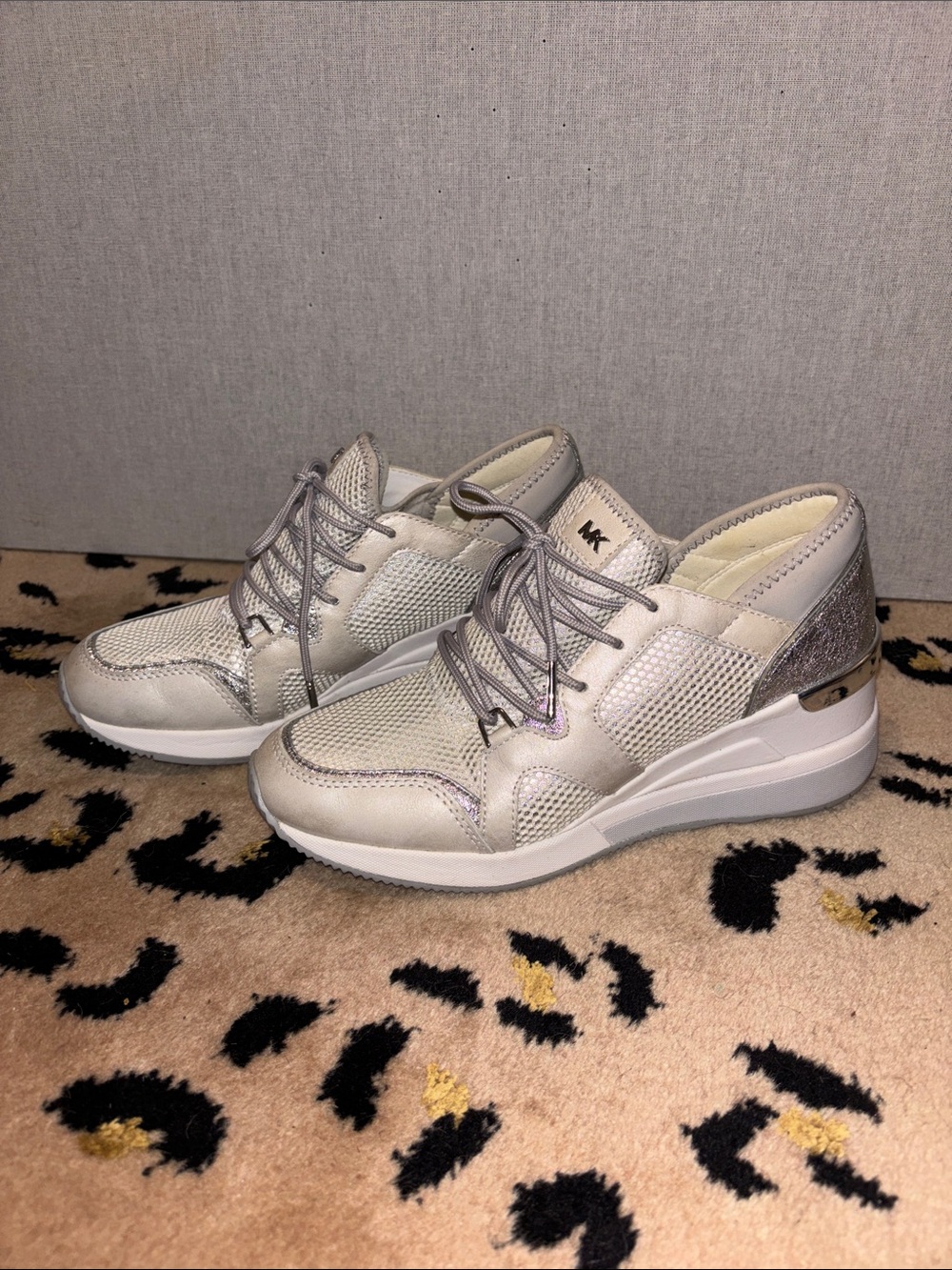 Michael Kors LIV Leather & Mesh Metallic Silver Lace-Up Wedge Sneakers
